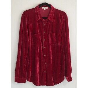 UMGEE Women’s 2XL Stretch Velvet  Red Button Down Shirt Pockets Long Sleeves EUC